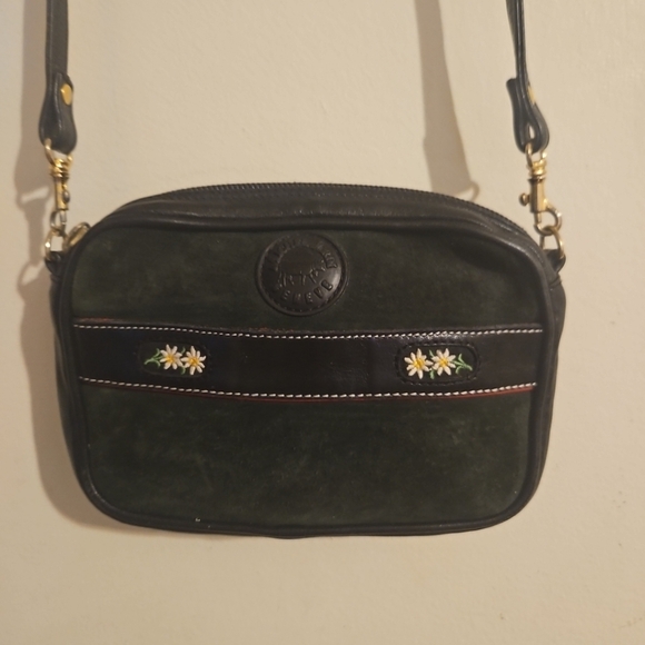 Vintage MICHEL JORDI 5"x7" Cross Body / Belt Purse Green Suede Black Leather - Picture 2 of 12